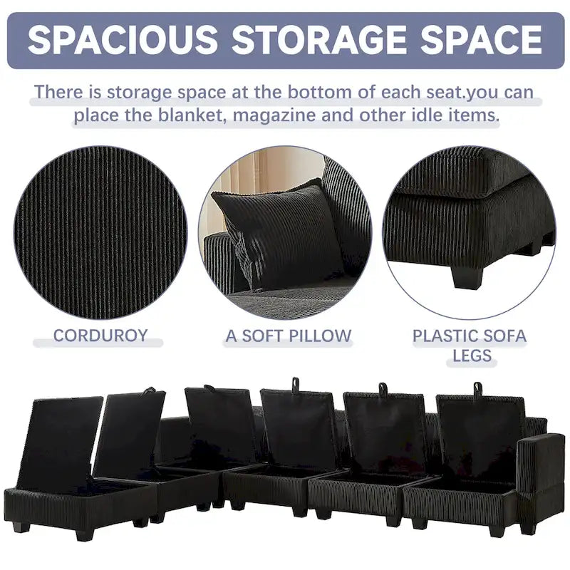6-Piece Convertible Corduroy Modular Sectional Sofa with Storage Seats, 2 Removable Ottomans, Free Combination