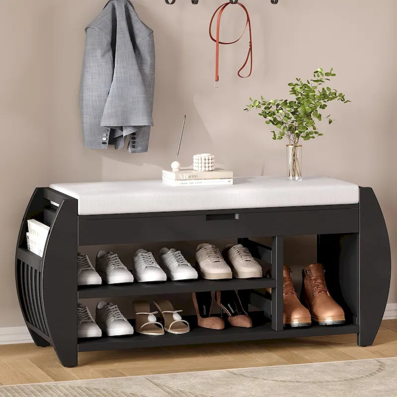 Storage Bench with Cushion, Curved Side Panels & Hidden Storage – MDF & Rubberwood