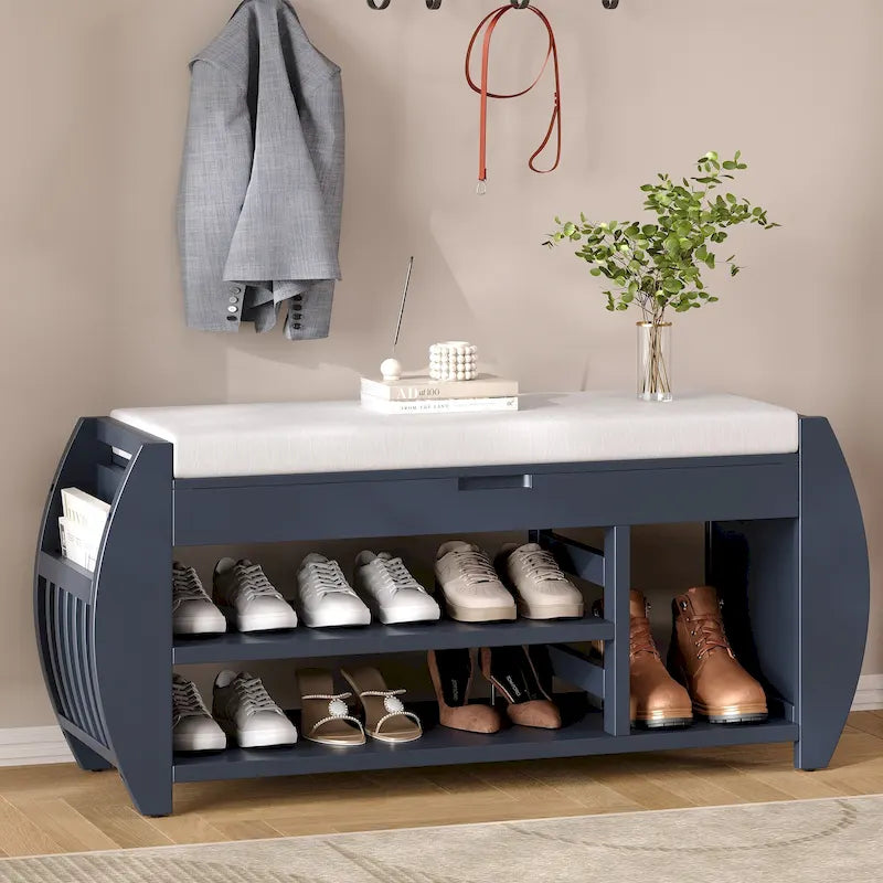 Storage Bench with Cushion, Curved Side Panels & Hidden Storage – MDF & Rubberwood