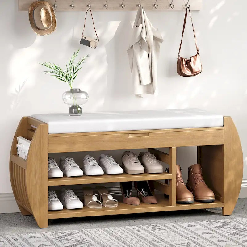 Storage Bench with Cushion, Curved Side Panels & Hidden Storage – MDF & Rubberwood