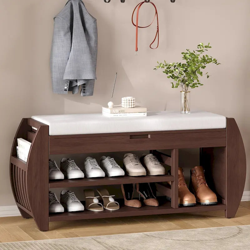 Storage Bench with Cushion, Curved Side Panels & Hidden Storage – MDF & Rubberwood