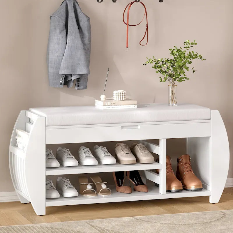 Storage Bench with Cushion, Curved Side Panels & Hidden Storage – MDF & Rubberwood