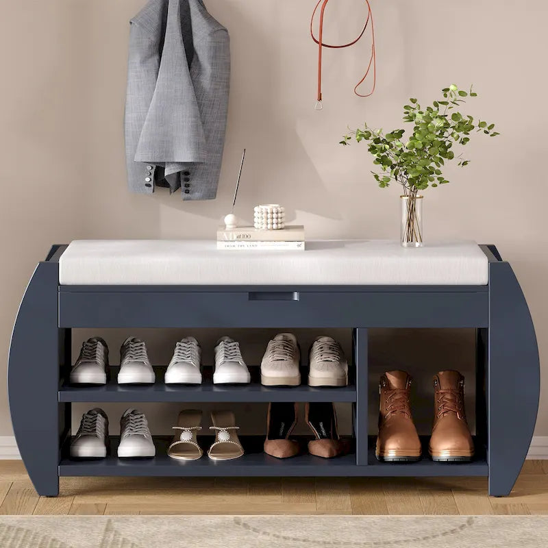 Storage Bench with Cushion, Curved Side Panels & Hidden Storage – MDF & Rubberwood