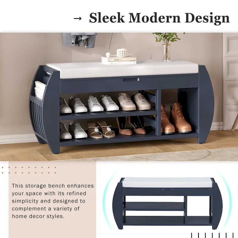 Storage Bench with Cushion, Curved Side Panels & Hidden Storage – MDF & Rubberwood