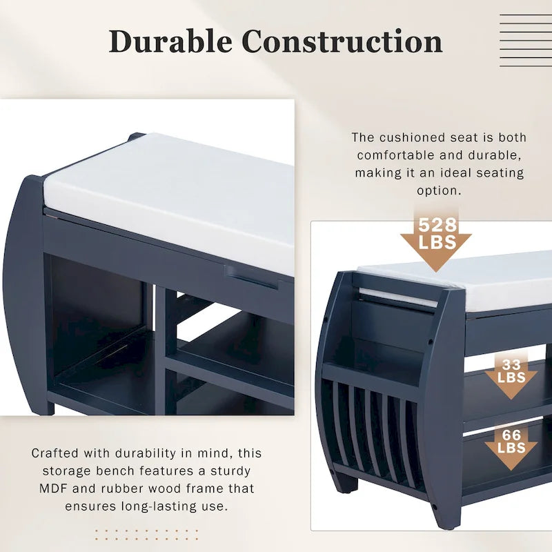 Storage Bench with Cushion, Curved Side Panels & Hidden Storage – MDF & Rubberwood