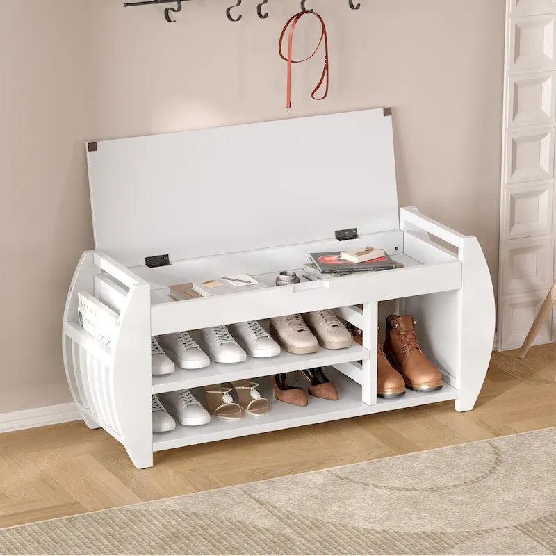 Storage Bench with Cushion, Curved Side Panels & Hidden Storage – MDF & Rubberwood