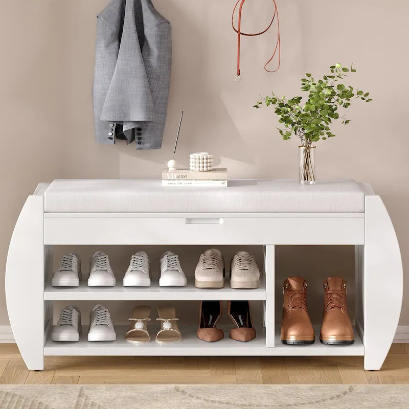 Storage Bench with Cushion, Curved Side Panels & Hidden Storage – MDF & Rubberwood
