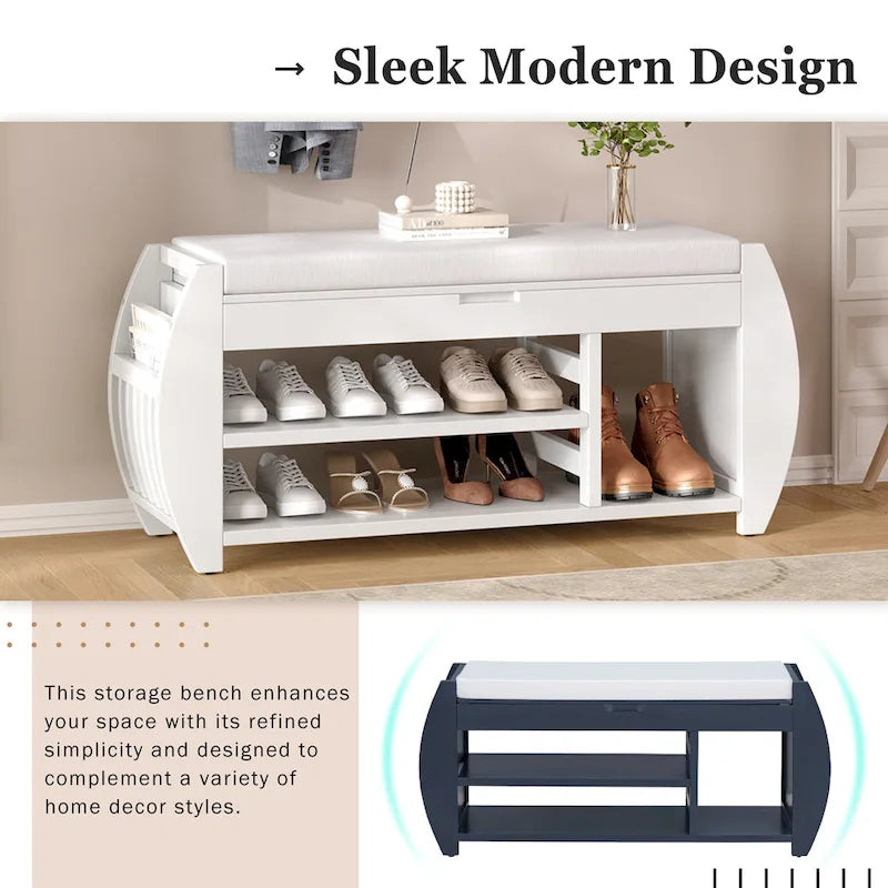 Storage Bench with Cushion, Curved Side Panels & Hidden Storage – MDF & Rubberwood