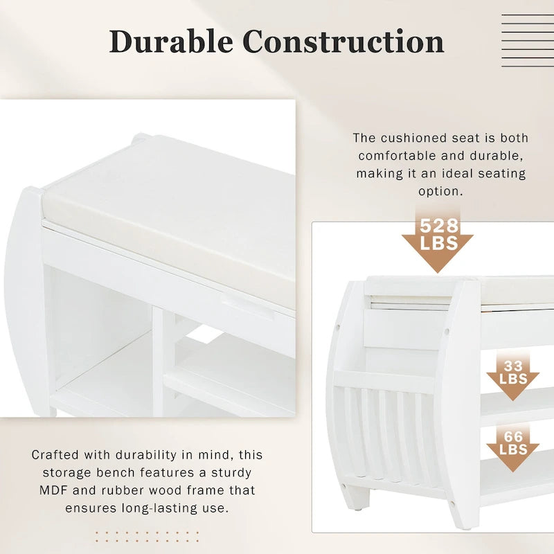 Storage Bench with Cushion, Curved Side Panels & Hidden Storage – MDF & Rubberwood