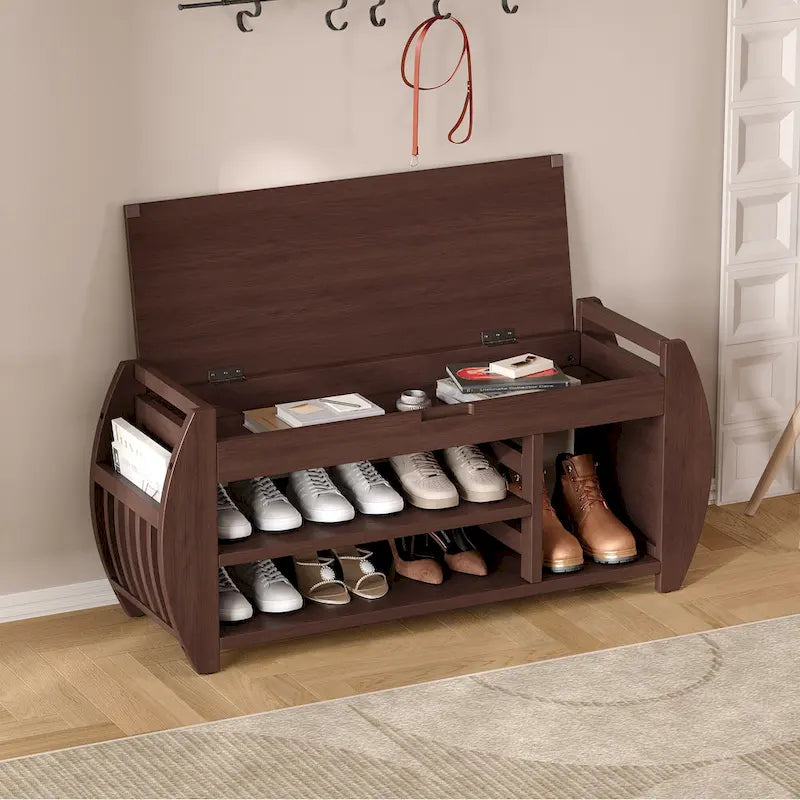 Storage Bench with Cushion, Curved Side Panels & Hidden Storage – MDF & Rubberwood