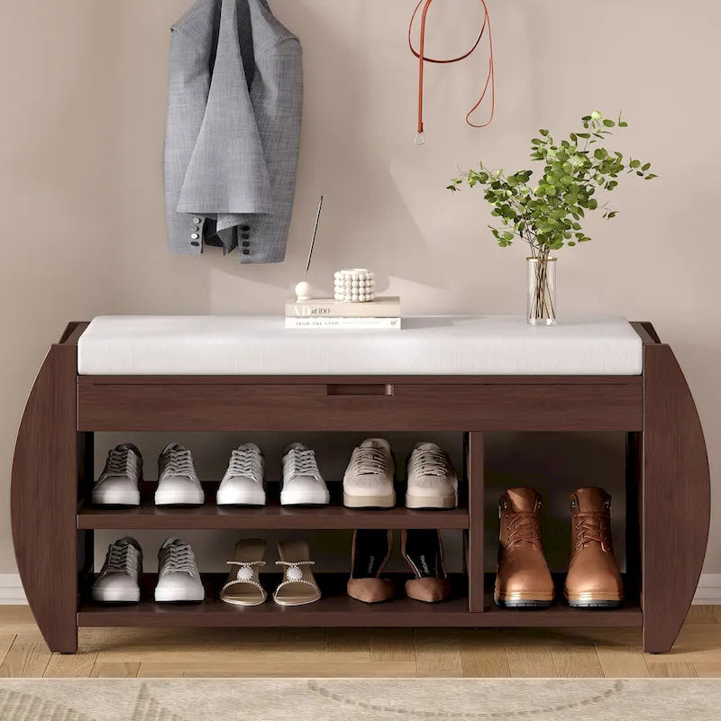 Storage Bench with Cushion, Curved Side Panels & Hidden Storage – MDF & Rubberwood