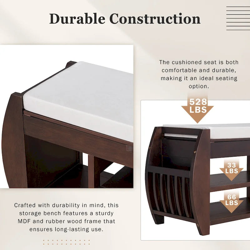 Storage Bench with Cushion, Curved Side Panels & Hidden Storage – MDF & Rubberwood
