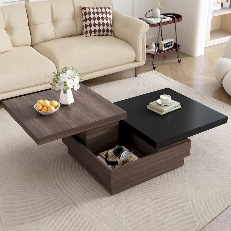 Square Coffee Table with Rotatable Top and Hidden Storage – MDF, 35.4–46.8W x 23.6D x 13.1H in