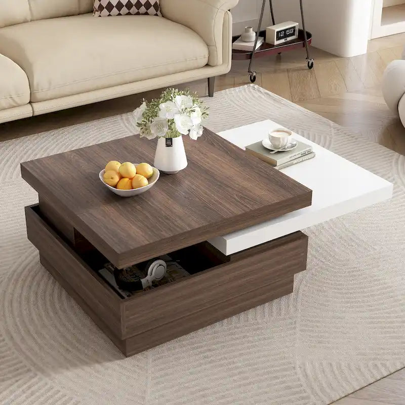 Square Coffee Table with Rotatable Top and Hidden Storage – MDF, 35.4–46.8W x 23.6D x 13.1H in