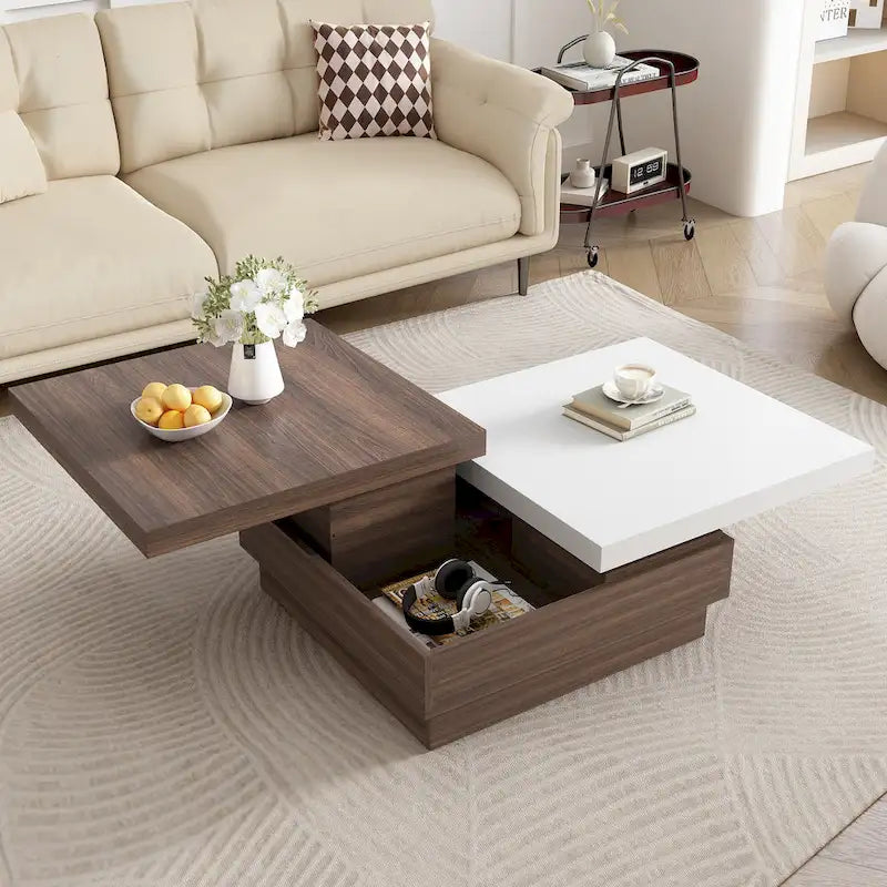 Square Coffee Table with Rotatable Top and Hidden Storage – MDF, 35.4–46.8W x 23.6D x 13.1H in