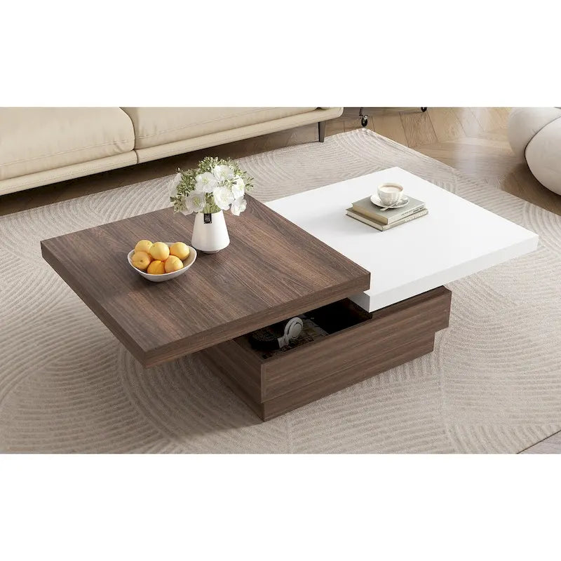 Square Coffee Table with Rotatable Top and Hidden Storage – MDF, 35.4–46.8W x 23.6D x 13.1H in