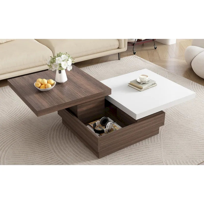 Square Coffee Table with Rotatable Top and Hidden Storage – MDF, 35.4–46.8W x 23.6D x 13.1H in