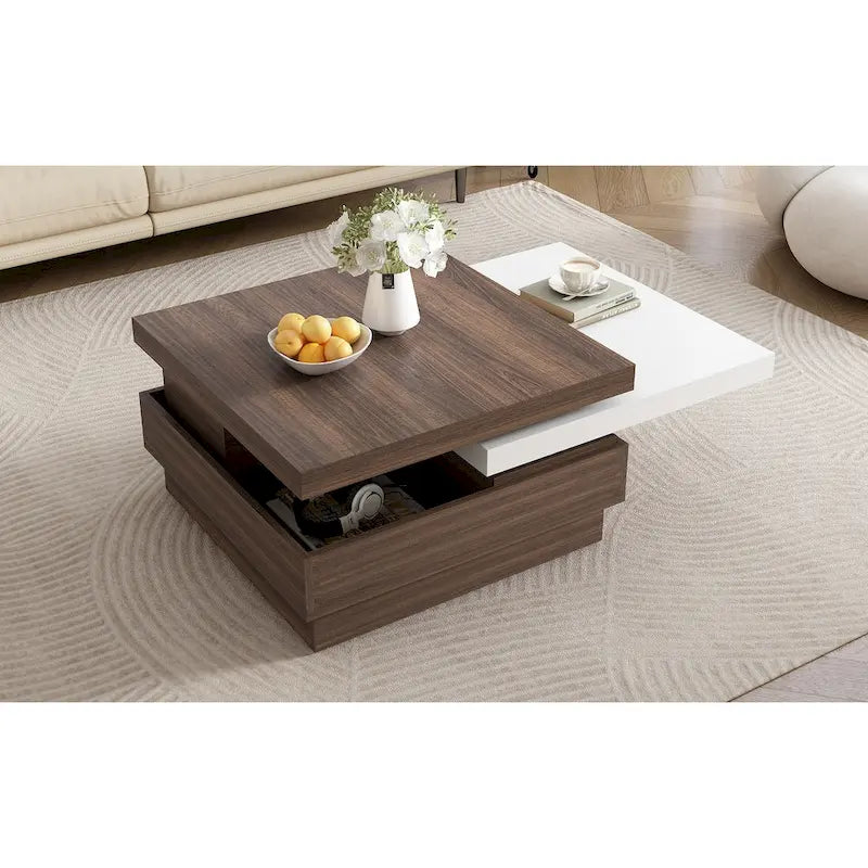 Square Coffee Table with Rotatable Top and Hidden Storage – MDF, 35.4–46.8W x 23.6D x 13.1H in