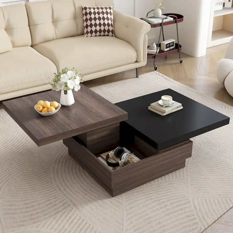 Square Coffee Table with Rotatable Top and Hidden Storage – MDF, 35.4–46.8W x 23.6D x 13.1H in