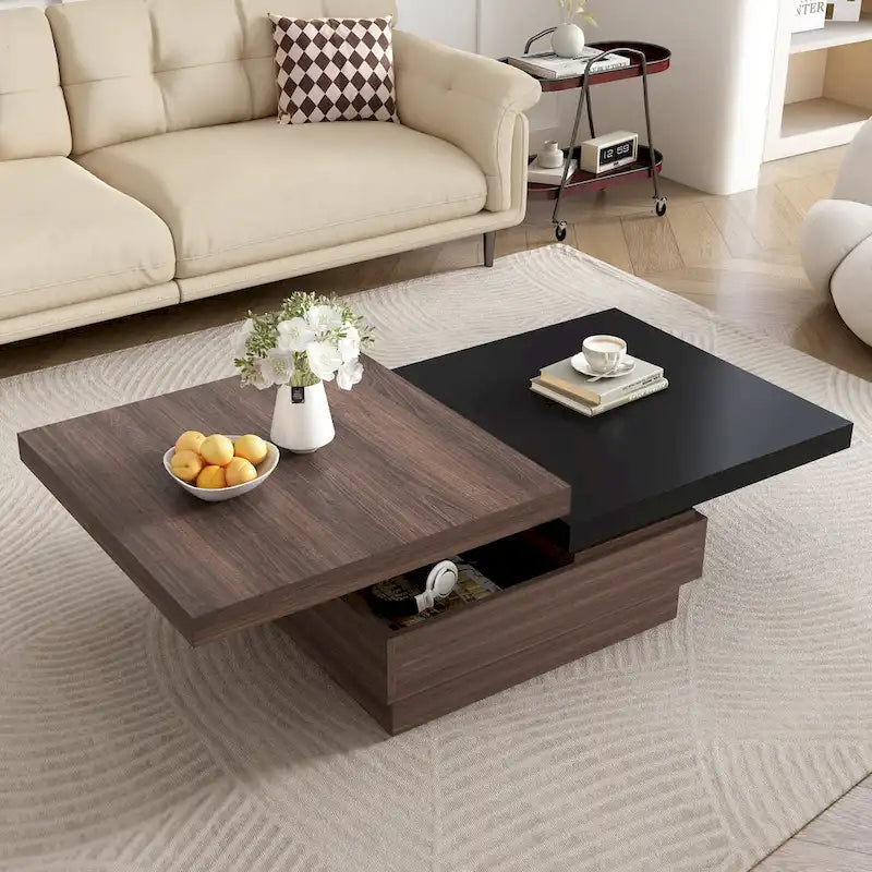 Square Coffee Table with Rotatable Top and Hidden Storage – MDF, 35.4–46.8W x 23.6D x 13.1H in