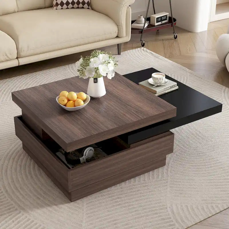 Square Coffee Table with Rotatable Top and Hidden Storage – MDF, 35.4–46.8W x 23.6D x 13.1H in