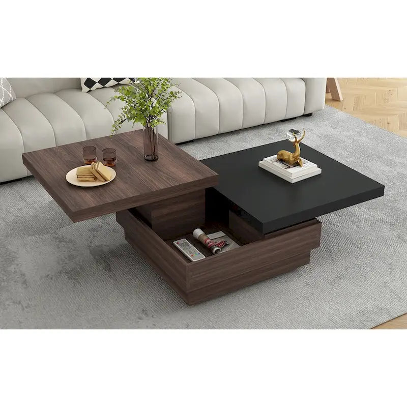 Square Coffee Table with Rotatable Top and Hidden Storage – MDF, 35.4–46.8W x 23.6D x 13.1H in