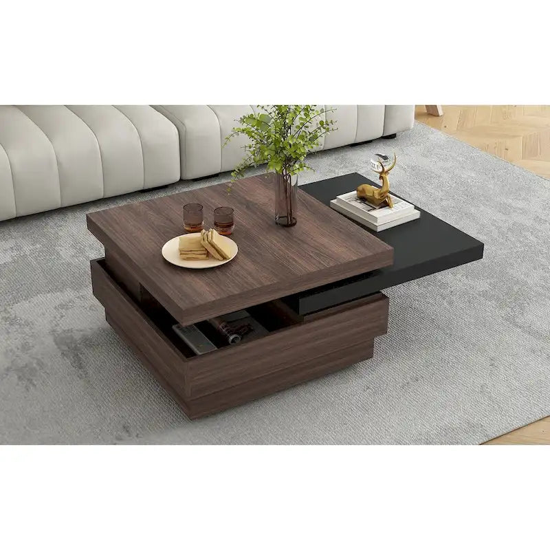 Square Coffee Table with Rotatable Top and Hidden Storage – MDF, 35.4–46.8W x 23.6D x 13.1H in