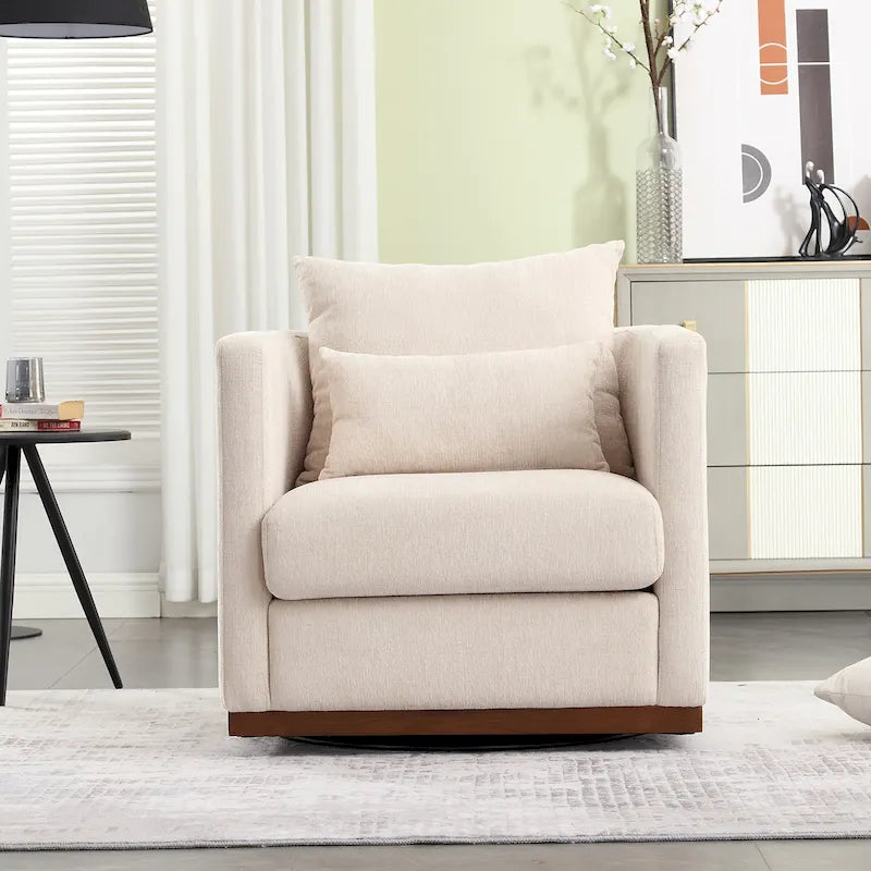 Chenille Swivel Barrel Chair – 360° Swivel, Metal Base | 31.5W x 31.5D x 27.95H in