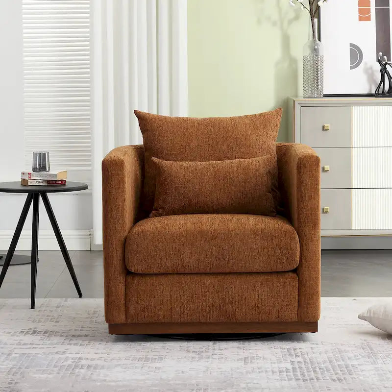 Chenille Swivel Barrel Chair – 360° Swivel, Metal Base | 31.5W x 31.5D x 27.95H in