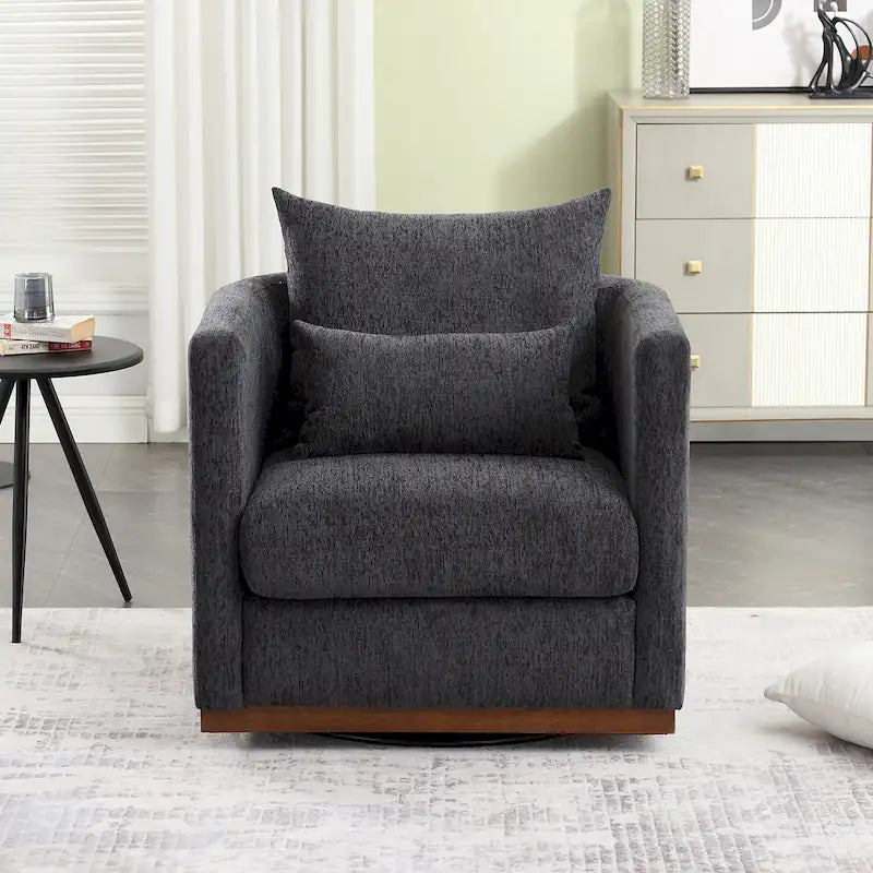 Chenille Swivel Barrel Chair – 360° Swivel, Metal Base | 31.5W x 31.5D x 27.95H in