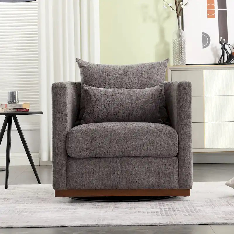 Chenille Swivel Barrel Chair – 360° Swivel, Metal Base | 31.5W x 31.5D x 27.95H in