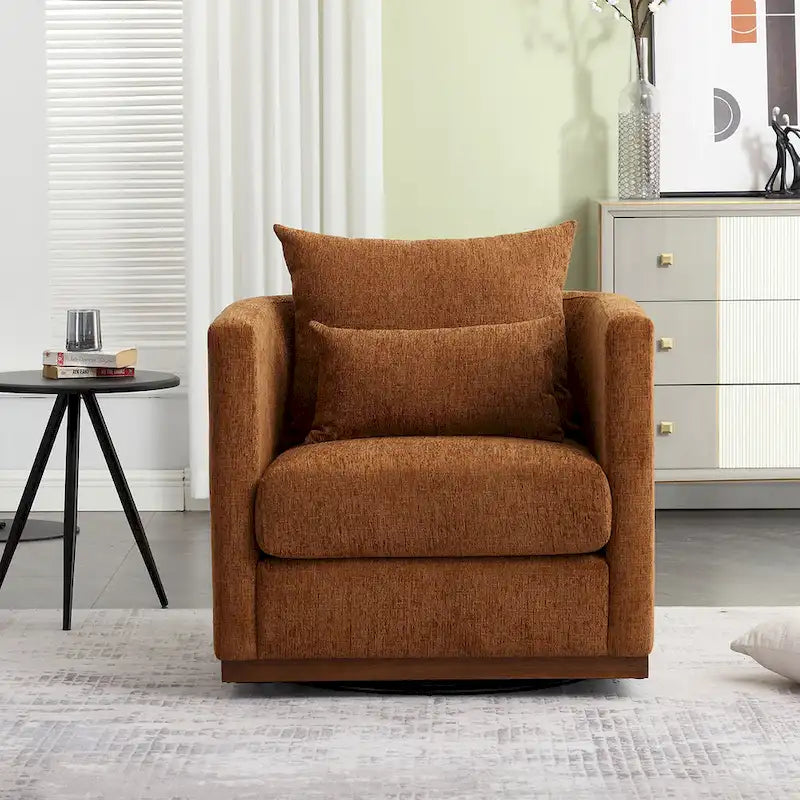 Chenille Swivel Barrel Chair – 360° Swivel, Metal Base | 31.5W x 31.5D x 27.95H in