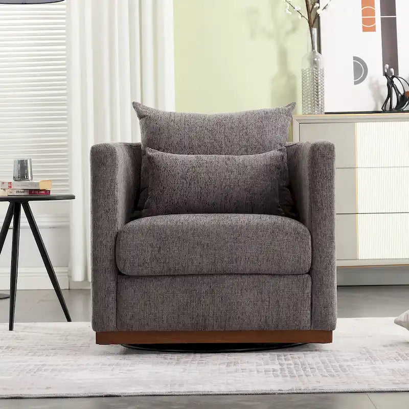 Chenille Swivel Barrel Chair – 360° Swivel, Metal Base | 31.5W x 31.5D x 27.95H in
