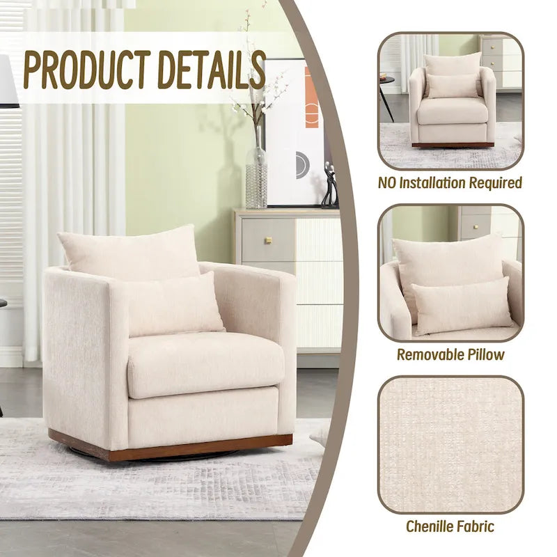 Chenille Swivel Barrel Chair – 360° Swivel, Metal Base | 31.5W x 31.5D x 27.95H in