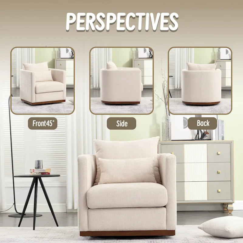 Chenille Swivel Barrel Chair – 360° Swivel, Metal Base | 31.5W x 31.5D x 27.95H in