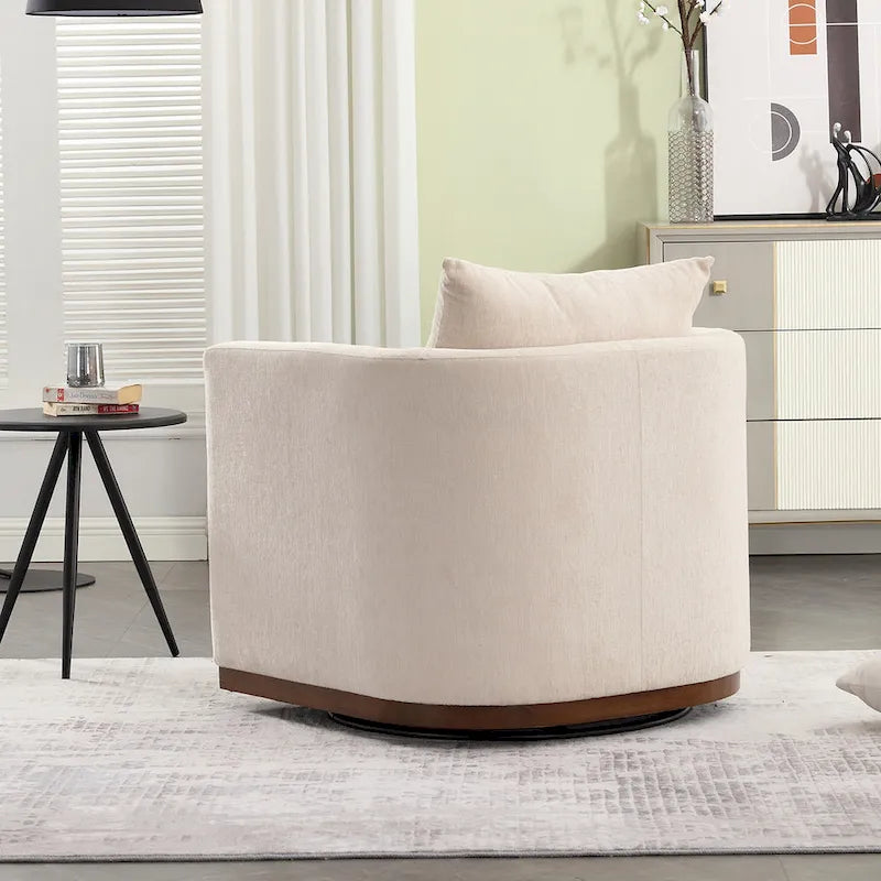 Chenille Swivel Barrel Chair – 360° Swivel, Metal Base | 31.5W x 31.5D x 27.95H in