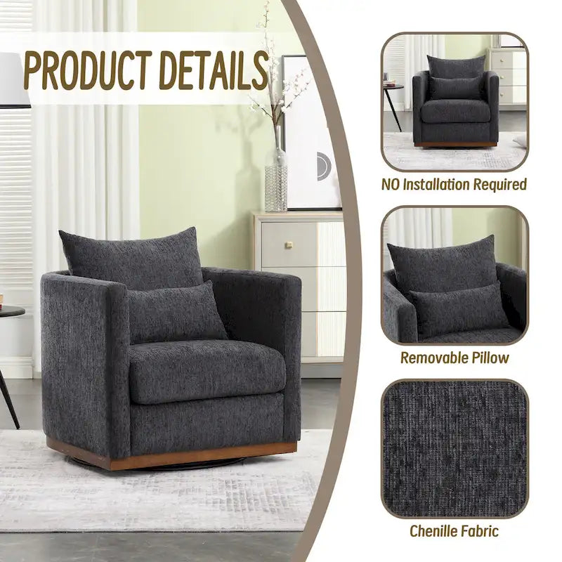 Chenille Swivel Barrel Chair – 360° Swivel, Metal Base | 31.5W x 31.5D x 27.95H in