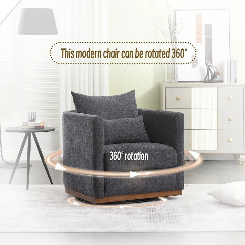 Chenille Swivel Barrel Chair – 360° Swivel, Metal Base | 31.5W x 31.5D x 27.95H in