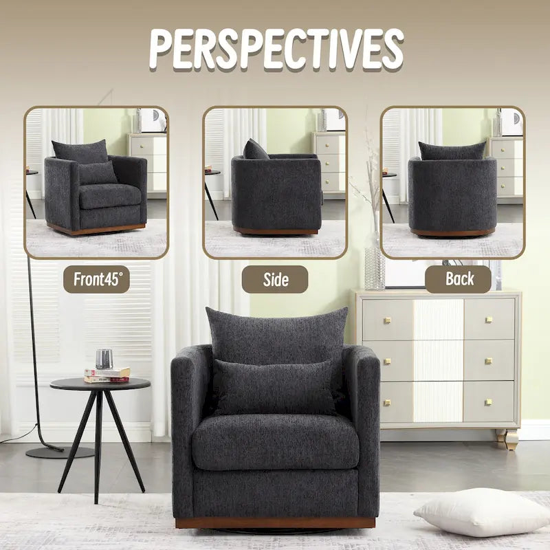 Chenille Swivel Barrel Chair – 360° Swivel, Metal Base | 31.5W x 31.5D x 27.95H in