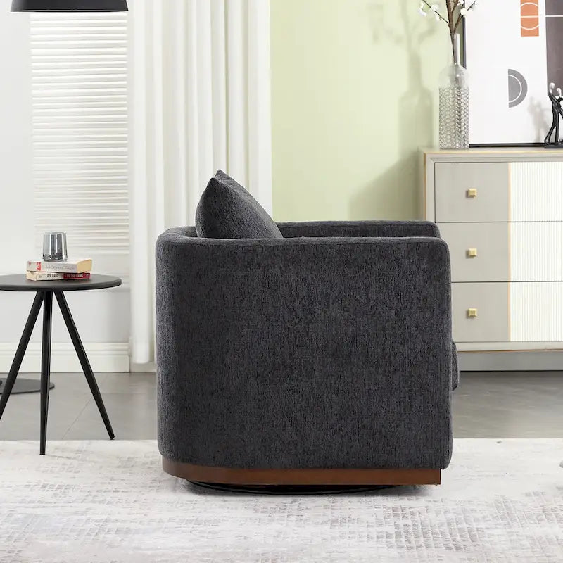Chenille Swivel Barrel Chair – 360° Swivel, Metal Base | 31.5W x 31.5D x 27.95H in