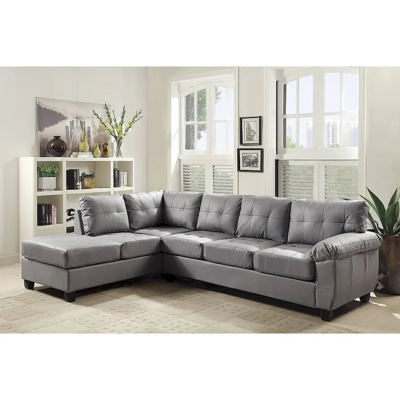 Tufted Reversible Faux Leather L-Shape Sectional Sofa – Gray, 111W x 78D x 32H in