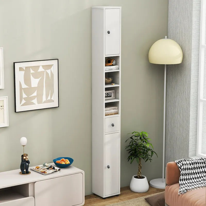 Tall Slim Bathroom Storage Cabinet Linen Tower with Drawer