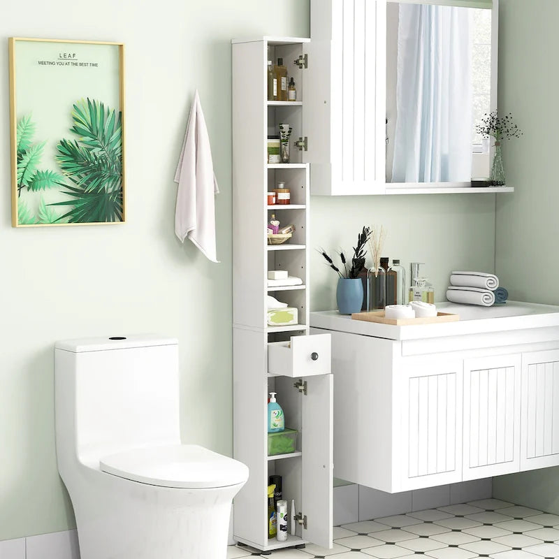 Tall Slim Bathroom Storage Cabinet Linen Tower with Drawer