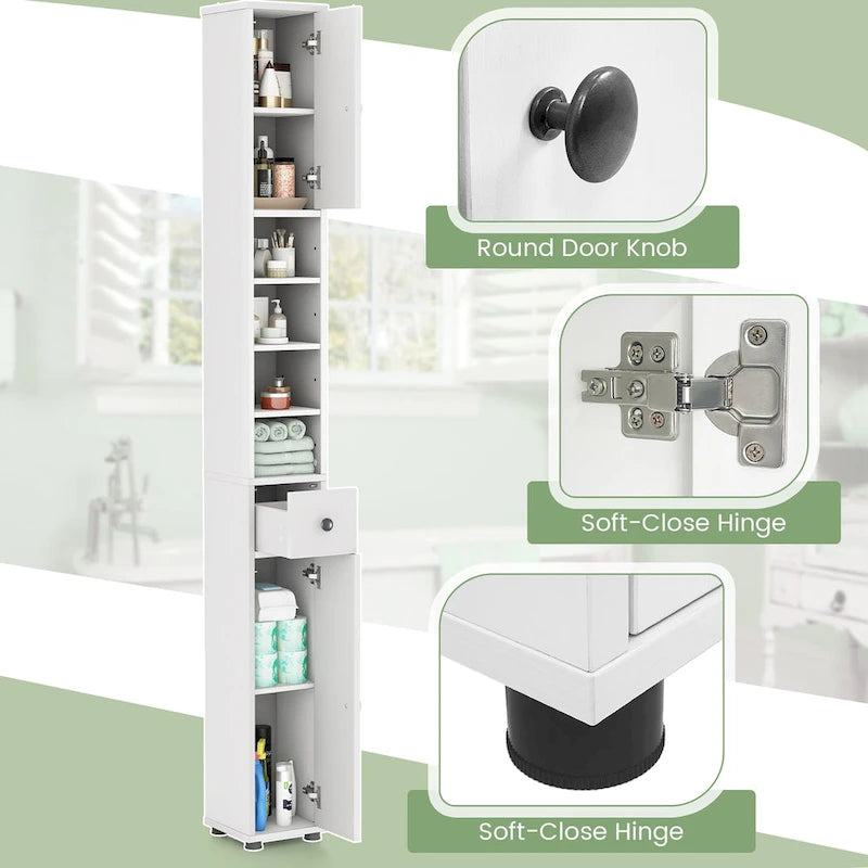 Tall Slim Bathroom Storage Cabinet Linen Tower with Drawer
