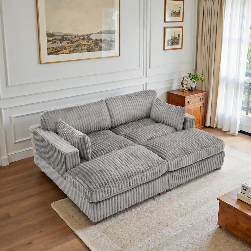 82 W Plush Corduroy Modular Sectional Sofa with Chaise Lounge