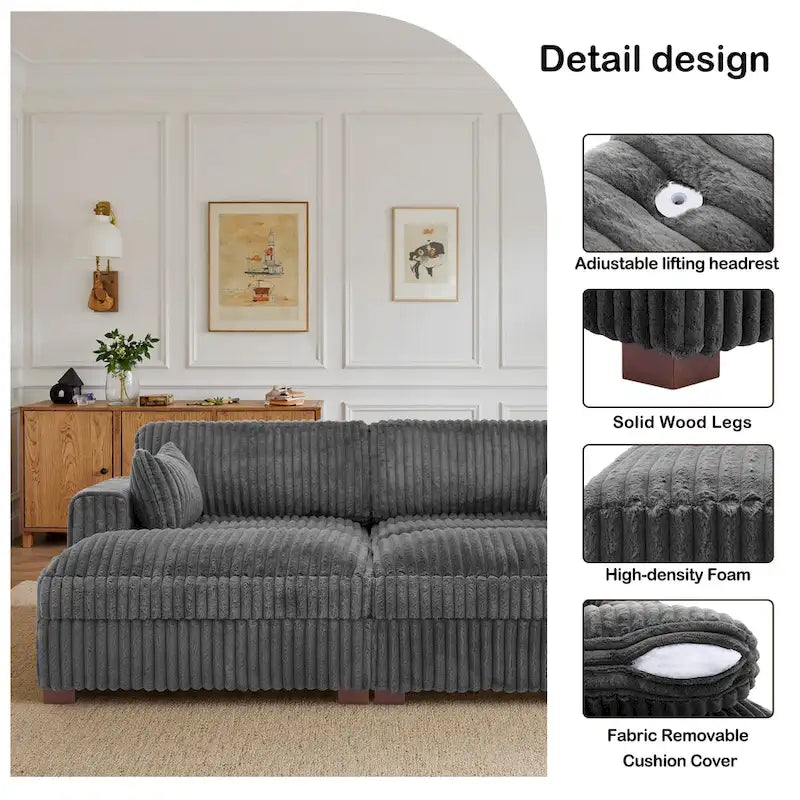 2-Piece Corduroy Modular Sectional Sofa with Chaise – 82.7W x 65D x 34.7H in