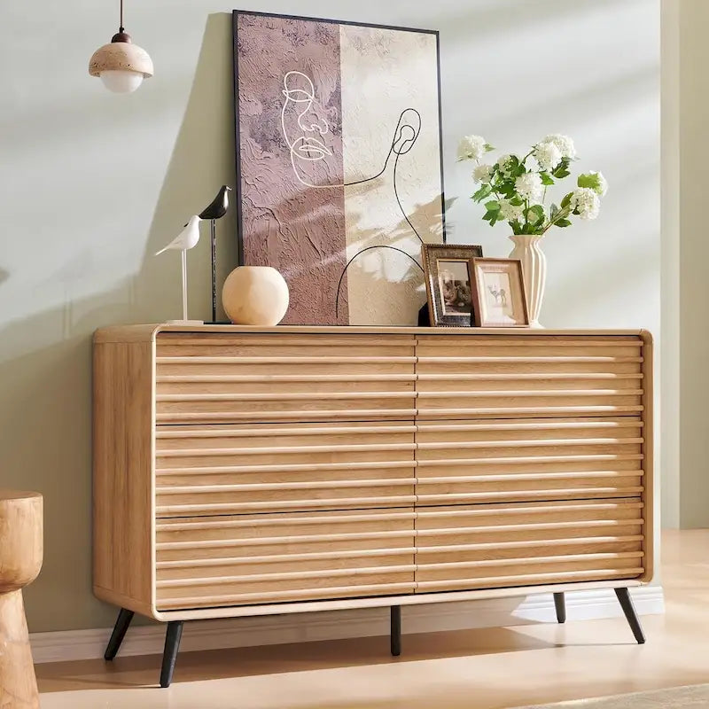 Mid Century Modern 6 Drawers Dresser, Wood Fluted Chest of Drawers