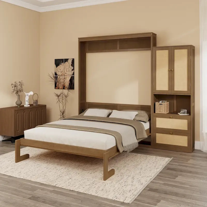 Rattan Door Murphy Bed with Side Cabinet – Full or Queen, Walnut Finish