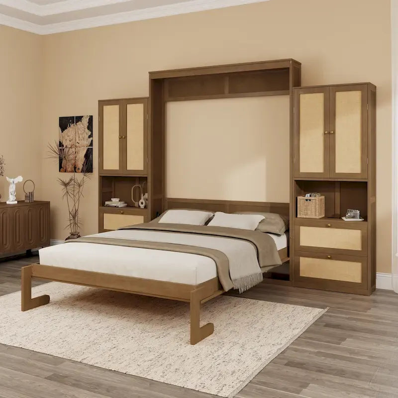 Rattan Door Murphy Bed with Side Cabinet – Full or Queen, Walnut Finish