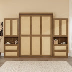 Rattan Door Murphy Bed with Side Cabinet – Full or Queen, Walnut Finish